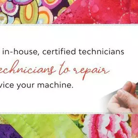 Our service team is made up of in-house skilled technicians who are certified in both PFAFF, Bernina, and Husqvarna Viking service and repairs. Our team is also skilled in the general maintenance of most sewing machine brands. As an added service and convenience for our customers, we offer scissor sharpening. For more information about service and repairs, contact either of our Sew-A-Lot locations.