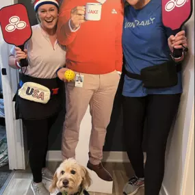 Halloween or the Olympics? Kelly, Sarah, and office welcome manager Mercy are ready for the pickleball tournament! What office (or trick or treat) costumes are you wearing this year?