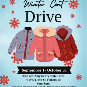 ???????????????? Coat Drive Alert! ????❄️

We are thrilled to announce our coat drive in support of kidscoats.org! ???? Help us keep families warm this winter by donating new or gently used coats, gloves, hats, mittens, and boots. ????️❤️

???? Drop off location: Amy Henry State Farm, located at 116th and Allisonville Road.

Your generous contribution will make a world of difference for those in need. Let's spread the warmth and ensure that everyone stays cozy this season! ????️????

#CoatDrive 