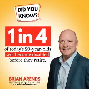 Did you know? 1 in 4 of today's 20-year-olds will become disabled before they retire. Don't wait! The younger and healthier you are, the easier it is to protect your income. 
Whether you're starting your career or well into it, give us a call today! Team Brian Arends is here to help!