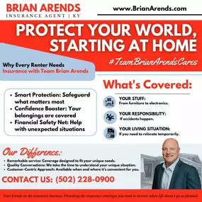 Your space is your sanctuary, but life can be unpredictable.  
That’s why renters insurance is key—it protects your possessions, covers your responsibilities if accidents happen, and even helps with your living situation if you need to move temporarily. With #TeamBrianArends, we’re here to help.
Call, text, or visit our office to learn more!