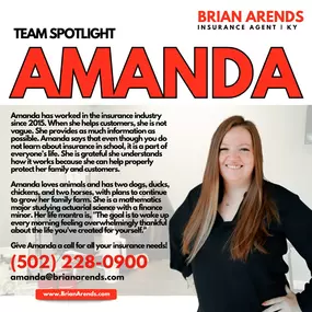 Get to know more about Amanda! ✨
Amanda has been in the insurance industry since 2015, and her mission is to take the mystery out of insurance. She believes in giving you all the details so you can feel confident about your coverage. Amanda knows insurance isn’t something you learn in school, but it’s a part of everyone’s life. She’s grateful for the opportunity to use her knowledge to help protect both her family and yours.
Outside of work, Amanda is a true animal lover!  She’s building her dre