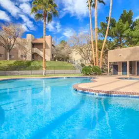 Shimmering blue swimming pool with palm trees