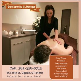 JL Massage is the place where you can have tranquility, absolute unwinding and restoration of your mind, 
soul, and body. We provide to YOU an amazing relaxation massage along with therapeutic sessions 
that realigns and mitigates your body with a light to medium touch