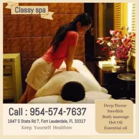 Massage techniques are commonly applied with hands, fingers, 
elbows, knees, forearms, feet, or a device. 
The purpose of massage is generally for the treatment of 
body stress or pain.