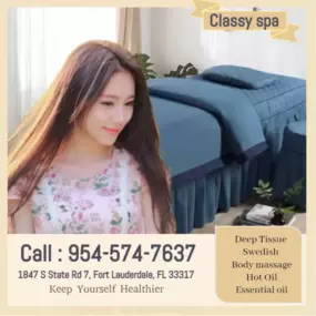 Whether it's stress, physical recovery, or a long day at work, Classy Spa has helped 
many clients relax in the comfort of our quiet & comfortable rooms with calming music.