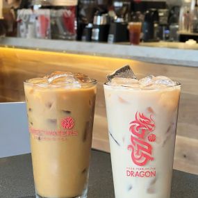 Chai Tea Latte and Cold Brew Coffee in a Year of the Dragon Glass.