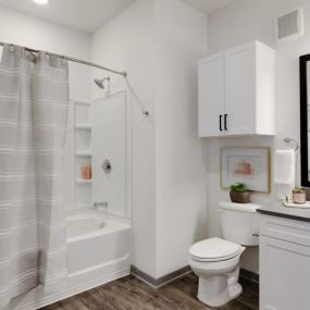 Modern bathroom with a bathtub a toilet sink and a large mirror