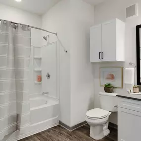 Modern bathroom with a bathtub a toilet sink and a large mirror