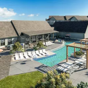 Aerial view of the swimming pool with lounge chairs