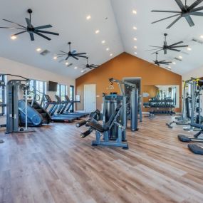 A gym with cardio machines and weights