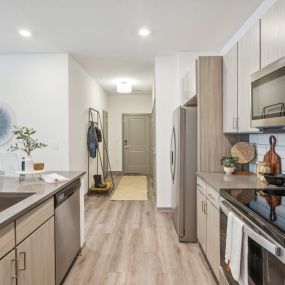 A modern kitchen with stainless steel appliances