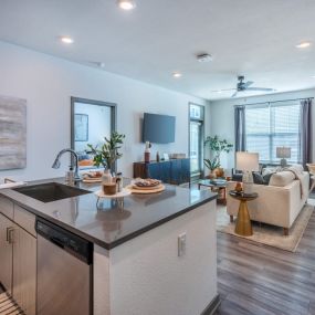 Open floor plan with a kitchen and living room