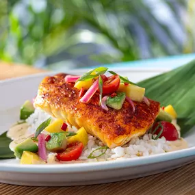 Island Snapper - Seared over white rice, topped with a mango-avocado salsa, pickled red onions and our housemade Key lime butter sauce.