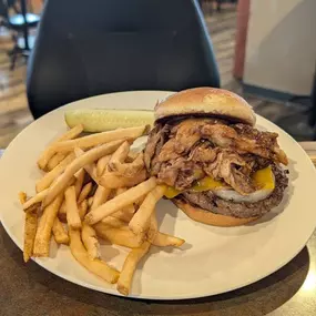 Lunch special today: 
BBQ Pulled Pork Burger - $10.95
Served with fries or tots