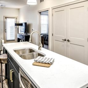 Studio, one, and two-bedroom apartment homes with stainless steel appliances, quarts countertops, designer cabinetry, large kitchens, luxury vinyl plank flooring, high vaulted ceilings, high-end lighting, in-unit washer and dryer, and energy efficient windows at Fireside at Waukee in Waukee, IA