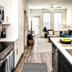 Studio, one, and two-bedroom apartment homes with stainless steel appliances, quarts countertops, designer cabinetry, large kitchens, luxury vinyl plank flooring, high vaulted ceilings, high-end lighting, in-unit washer and dryer, and energy efficient windows at Fireside at Waukee in Waukee, IA