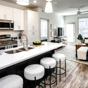 Studio, one, and two-bedroom apartment homes with stainless steel appliances, quarts countertops, designer cabinetry, large kitchens, luxury vinyl plank flooring, high vaulted ceilings, high-end lighting, in-unit washer and dryer, and energy efficient windows at Fireside at Waukee in Waukee, IA