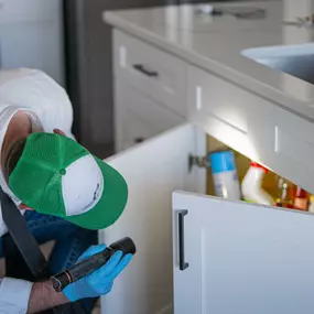 A First Line Pest Defense technician inspecting under a kitchen sink cabinet with a flashlight for pests.