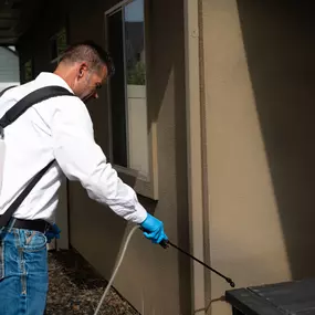 A highly-trained First Line Pest Defence technician is shown applying a precise exterior pest control treatment. This foundational spray creates a protective barrier around the home, effectively preventing common Boise pests like spiders, ants, and other insects from entering. Our commitment to using professional-grade equipment and targeted applications ensures comprehensive protection for your property.