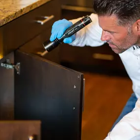 A professional pest control technician from First Line Pest Defence conducting a thorough pest inspection of a kitchen in Boise, ID. The technician is using a flashlight to look inside a cabinet for any signs of pest activity, demonstrating the company's commitment to detailed and effective pest management.