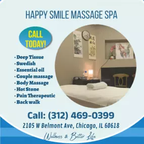 Whether it's stress, physical recovery, or a long day at work, Happy Smile Massage has helped 
many clients relax in the comfort of our quiet & comfortable rooms with calming music.