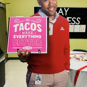 Today, we took #jakefromstatefarm along for a ride for #tacotuesday for #teacherappreciationweek. We were so happy to be able to thank the teachers and staff of Progressive High School for all their hard work this year!