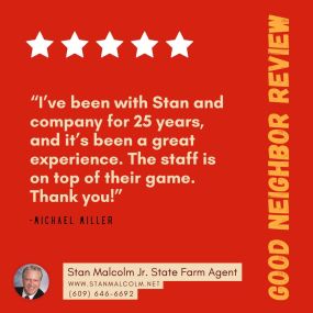 Shoutout to Michael for the years of incredible support! We appreciate your kind feedback and are committed to serving you for years to come! Thank you for taking the time to leave us a review. #CustomerReview #StanMalcolmJrStateFarmAgent