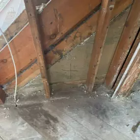 Pictured here is Danbury water damage.  This home had a slow water faucet leak in the upstairs bathroom that dripped down the stair landing to the basement for some time and caused mold to grow.