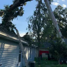 Pictured here is Grantsburg water damage caused by storm damage.  As this picture shows, a tree fell on the roof creating a big hole on the roof deck.