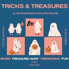 It's the 9th Annual Tricks and Treasures at The Boardwalk! Come to the Boardwalk on Halloween from 5pm-8pm for the annual treasure hunt, trick or treating, live music, fireworks and more!