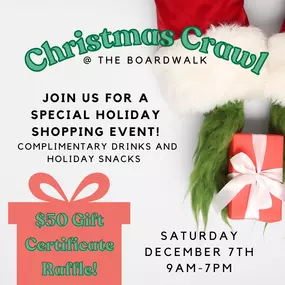 It's Grinchmas on Okaloosa Island this Saturday! Join us for our 2nd annual holiday shopping event, the Christmas Crawl. Grab a raffle punch card from any of the 3 participating locations and visit each one for your punches; Islanders, Oasis, and Tropical Trends, for your chance to win a $50 Gift Certificate! Complimentary snacks will be available while you shop. Don't forget to get your FREE photo with the Grinch from 12-3pm at the Boardwalk!

Saturday, December 7th 9am-7pm