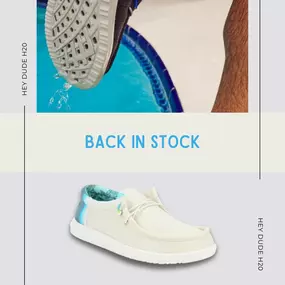 Hey Dude's Wally H20 shoes are back in stock! These casual loafers are water-ready and have a perforated mesh insole for quick drying and breathability. The colors Surf White and Sand Dollar can't be found on the Hey Dude website, get your pair from us right here on the Island!