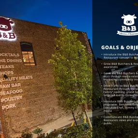Introduce the B&B Butchers & Restaurant concept to Houston
Grow B&B Butchers & Restaurant brand awareness
Generate B&B Butchers & Restaurant buzz through media relations and event marketing/community involvement
Drive traffic to B&B Butchers & Restaurant through the soft “Friends & Family” opening, grand opening and targeted events throughout 2015
Introduce B&B Butchers & Restaurant proprietor, Benjamin Berg, and Executive Chef, Tommy Elbashary, to the media
Communicate B&B Butchers & Restaurant