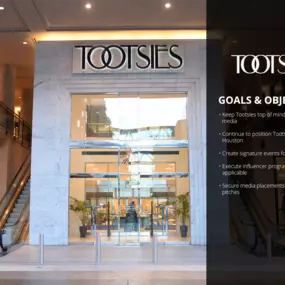 Keep Tootsies top of mind to the public and media
Continue to position Tootsies as unique in Houston
Create signature events for Tootsies
Execute influencer programming when applicable
Secure media placements through strategic pitches