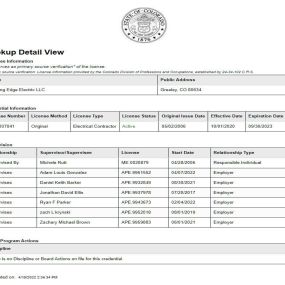 Leading Edge Electric and all our electricians are registered and licensed with the State of Colorado Electrical Board. We take safety seriously, and our team of highly trained, vetted, and licensed electricians receive continuing education each year.
