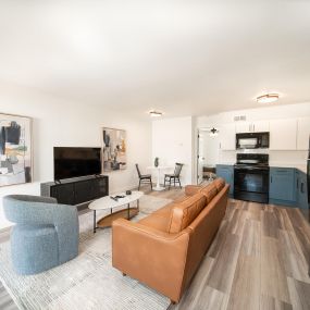 Remodeled apartment homes featuring premium appliances, custom cabinetry, lighting, and LTV flooring at Greenway Flats in Fayetteville, AR.