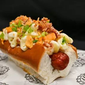 Fully Loaded Mac n Cheese Dog at Guy' Fieri's Bar-B-Que Joint at Caesars Atlantic City.