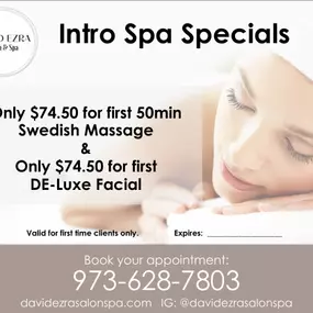 Try the favorite Spa in Wayne NJ for the first time with an introductory offer! ONLY $74.50 for first time 50min Swedish Massage & ONLY $74.50 for first DE-Luxe Facial! Must Mention When booking at the Spa in Wayne NJ.