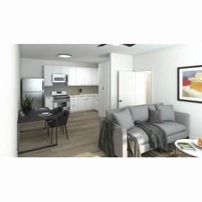 a rendering of a living room and kitchen in a one bedroom apartment