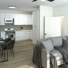 a rendering of a living room and kitchen in a one bedroom apartment