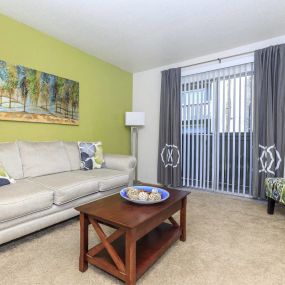 a living room with sofa and coffee table