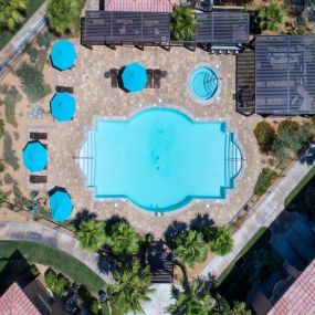 Drone View of Swimming Pool, Sauna, and Cabanas