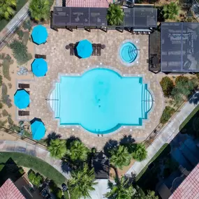 Drone View of Swimming Pool, Sauna, and Cabanas