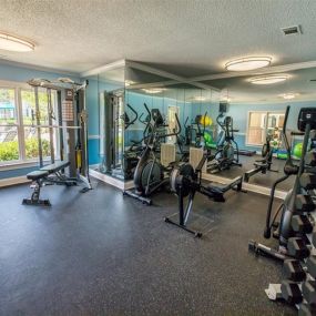 Fitness center with large windows, cardio and strength equipment