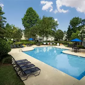 Large swimming pool and sundeck with lush landscaping