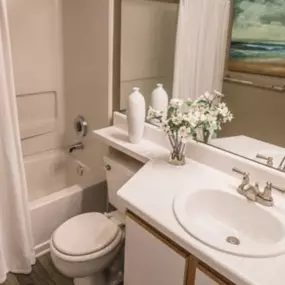Bathroom with tub-shower, and hardwood-style flooring