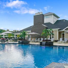 Sparkling pool in front of clubhouse
