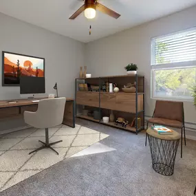 Office with a ceiling fan and a desk