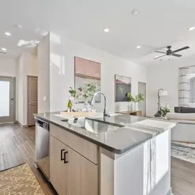 Kitchen with a large island and a living room